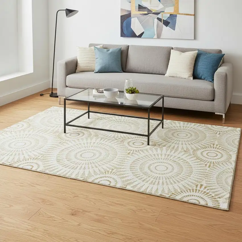 Gold And Ivory Geometric Washable Area Rug With UV Protection Photo 2