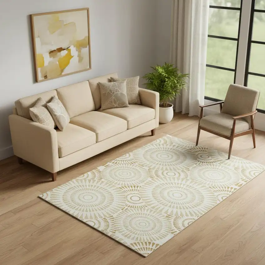 Gold And Ivory Geometric Washable Area Rug With UV Protection Photo 1