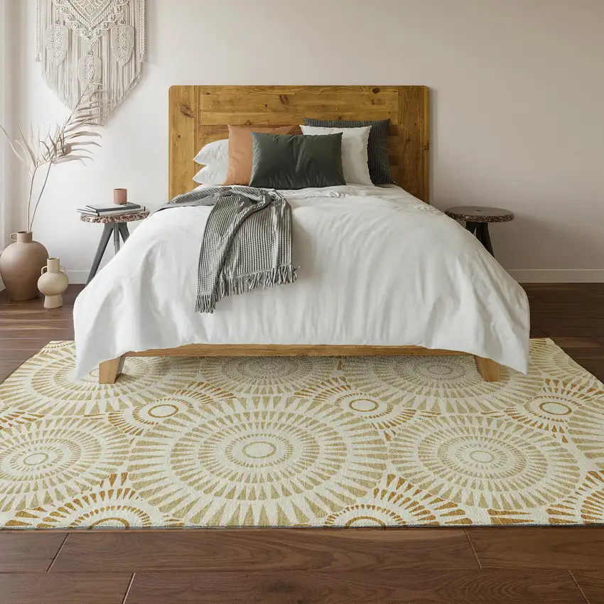 Gold And Ivory Geometric Washable Area Rug With UV Protection Photo 6