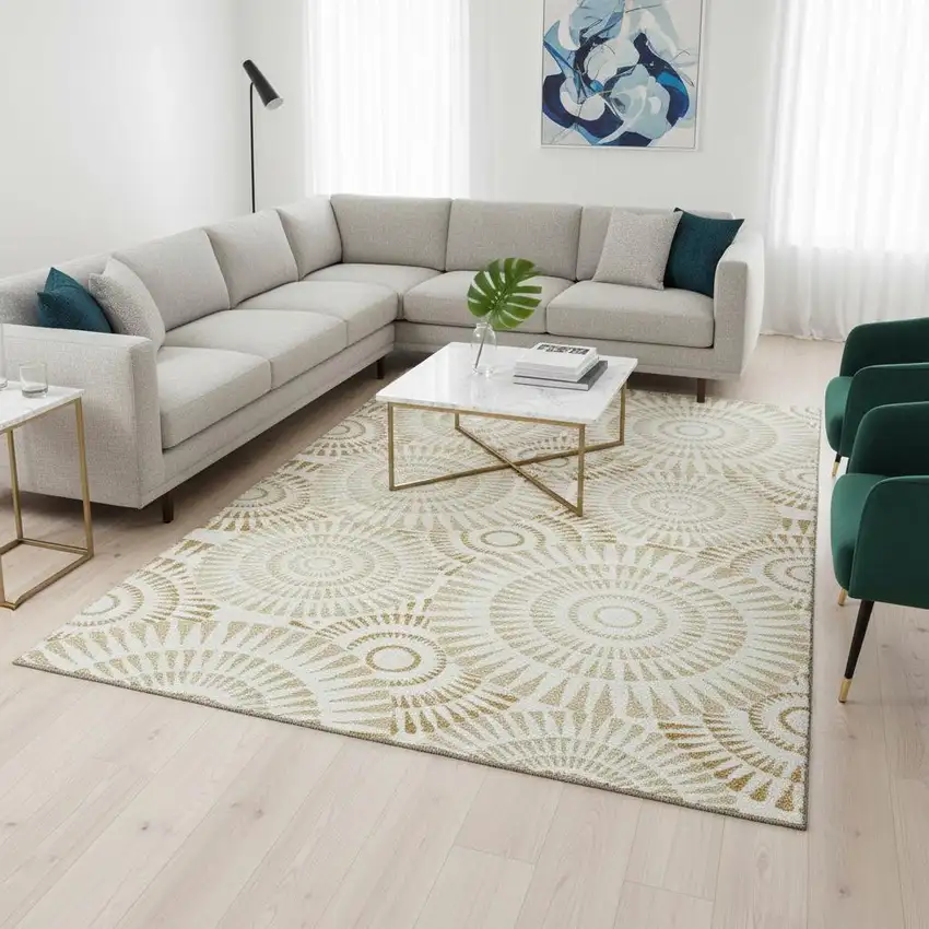 Gold And Ivory Geometric Washable Area Rug With UV Protection Photo 2