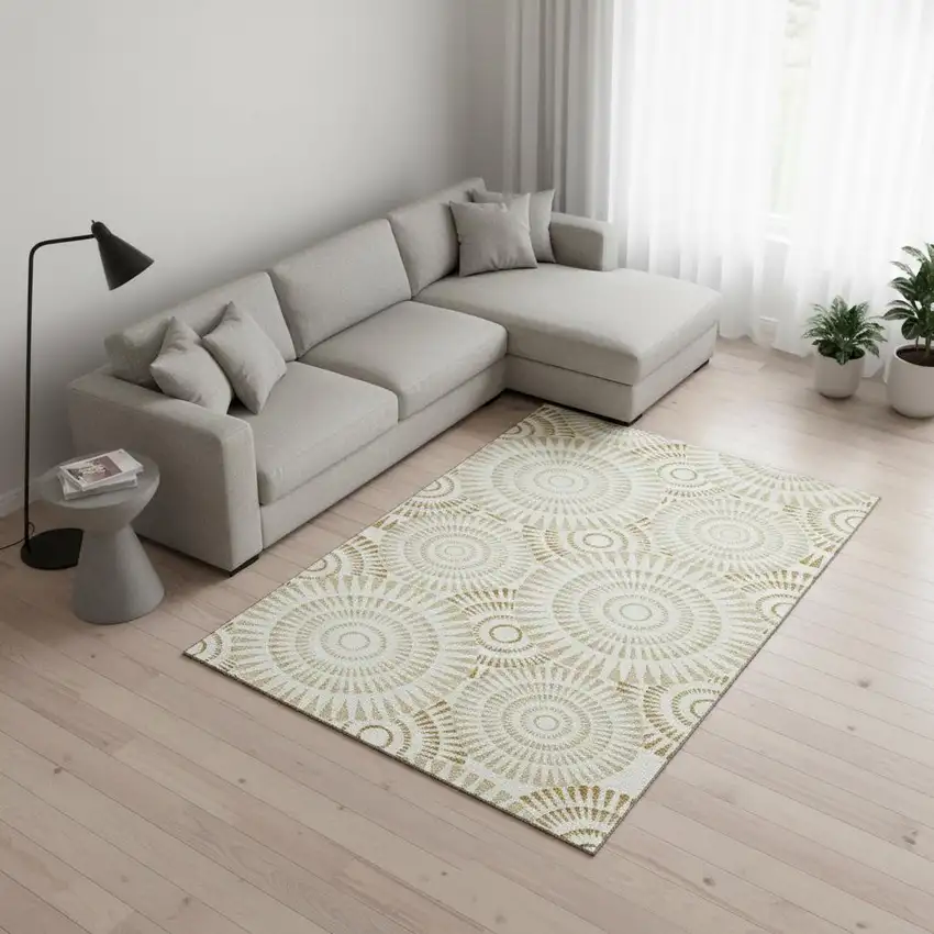 Gold And Ivory Geometric Washable Area Rug With UV Protection Photo 2