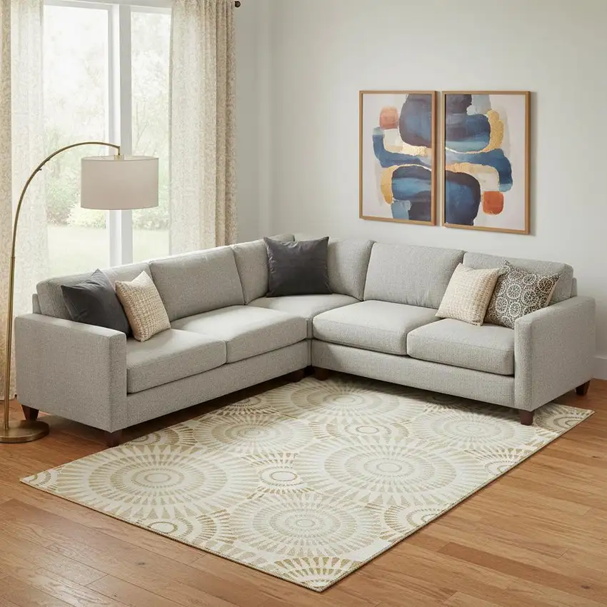 Gold And Ivory Geometric Washable Area Rug With UV Protection Photo 1