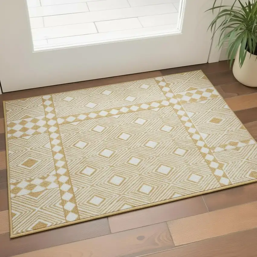 Gold And Ivory Geometric Washable Area Rug With UV Protection Photo 2
