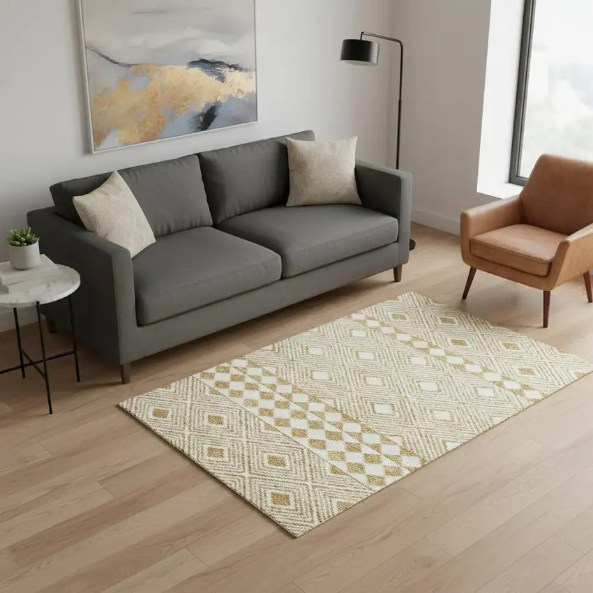 Gold And Ivory Geometric Washable Area Rug With UV Protection Photo 2