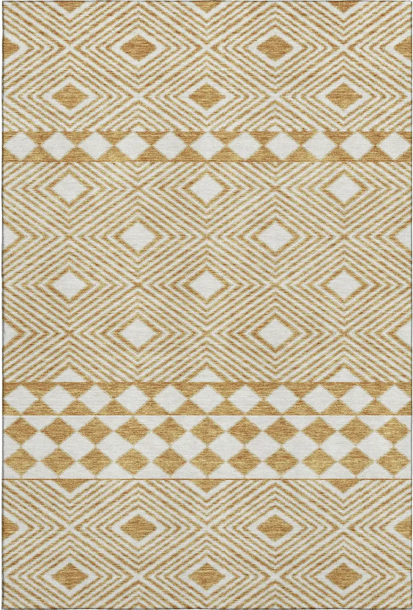 Gold And Ivory Geometric Washable Area Rug With UV Protection Photo 1