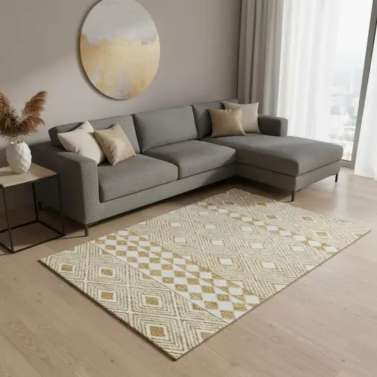 Gold And Ivory Geometric Washable Area Rug With UV Protection Photo 2