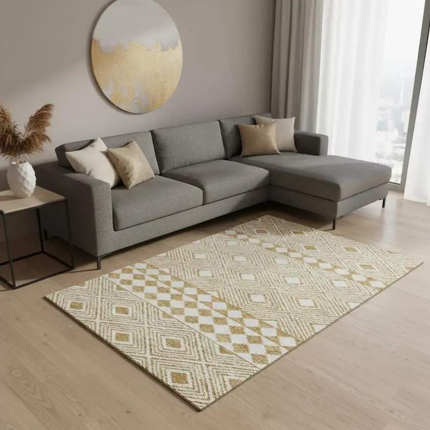Gold And Ivory Geometric Washable Area Rug With UV Protection Photo 2