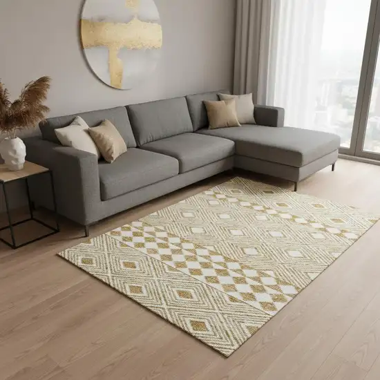 Gold And Ivory Geometric Washable Area Rug With UV Protection Photo 2