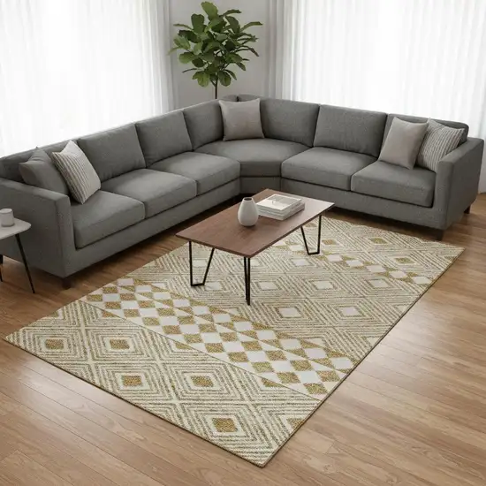 Gold And Ivory Geometric Washable Area Rug With UV Protection Photo 2