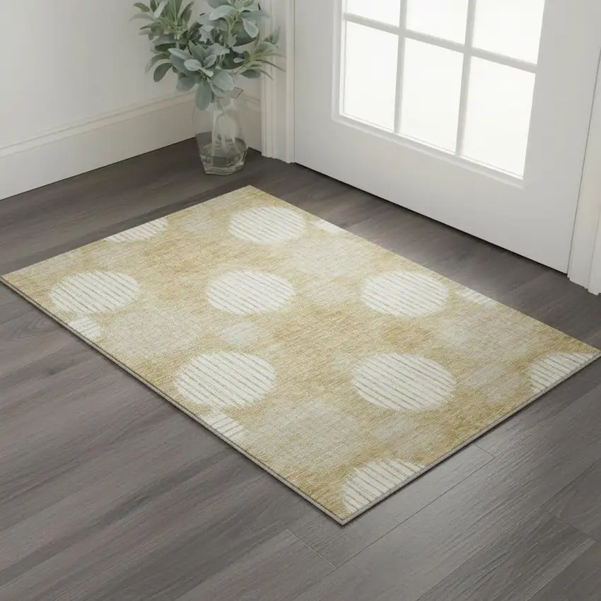 Gold And Ivory Geometric Washable Area Rug With UV Protection Photo 2