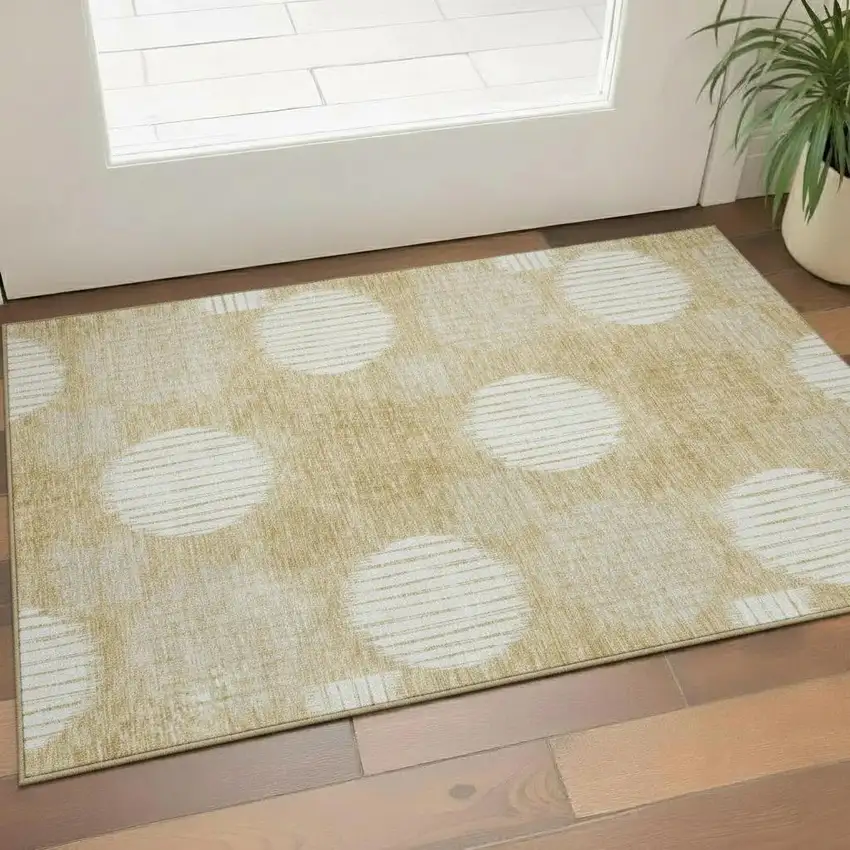 Gold And Ivory Geometric Washable Area Rug With UV Protection Photo 1