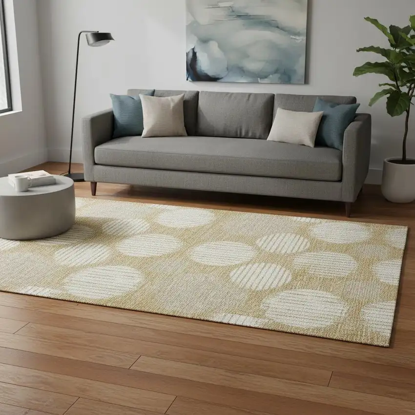 Gold And Ivory Geometric Washable Area Rug With UV Protection Photo 2