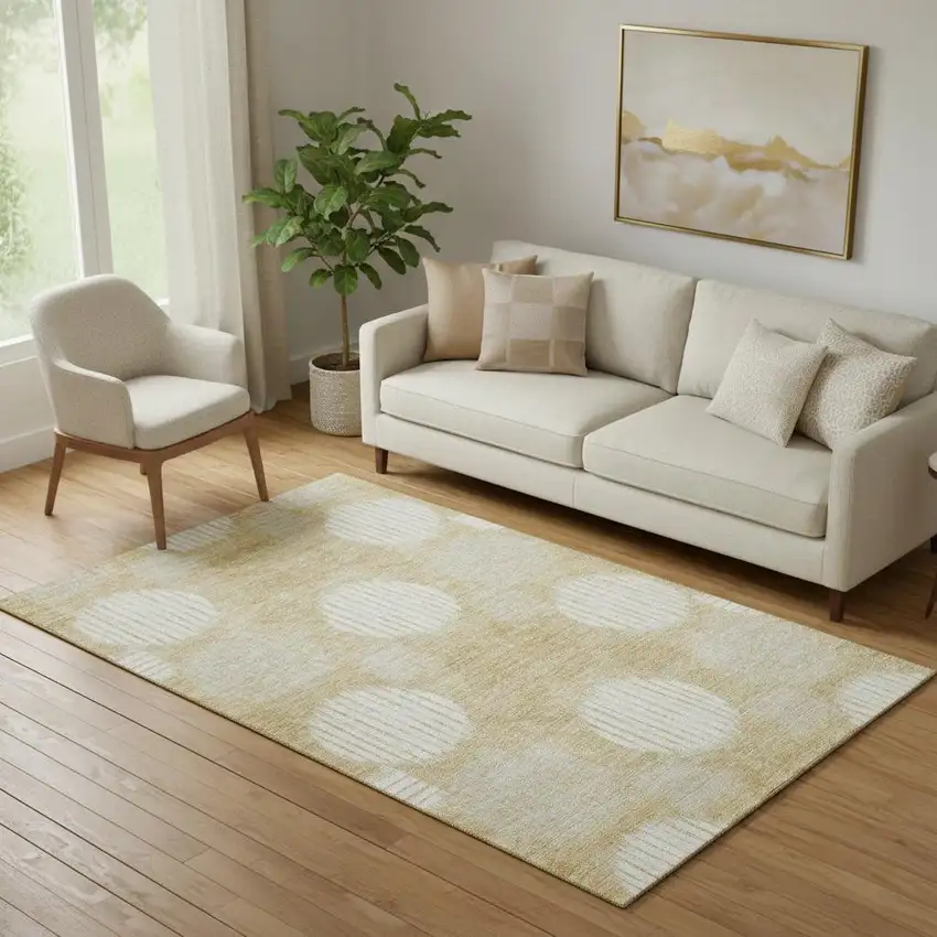 Gold And Ivory Geometric Washable Area Rug With UV Protection Photo 1