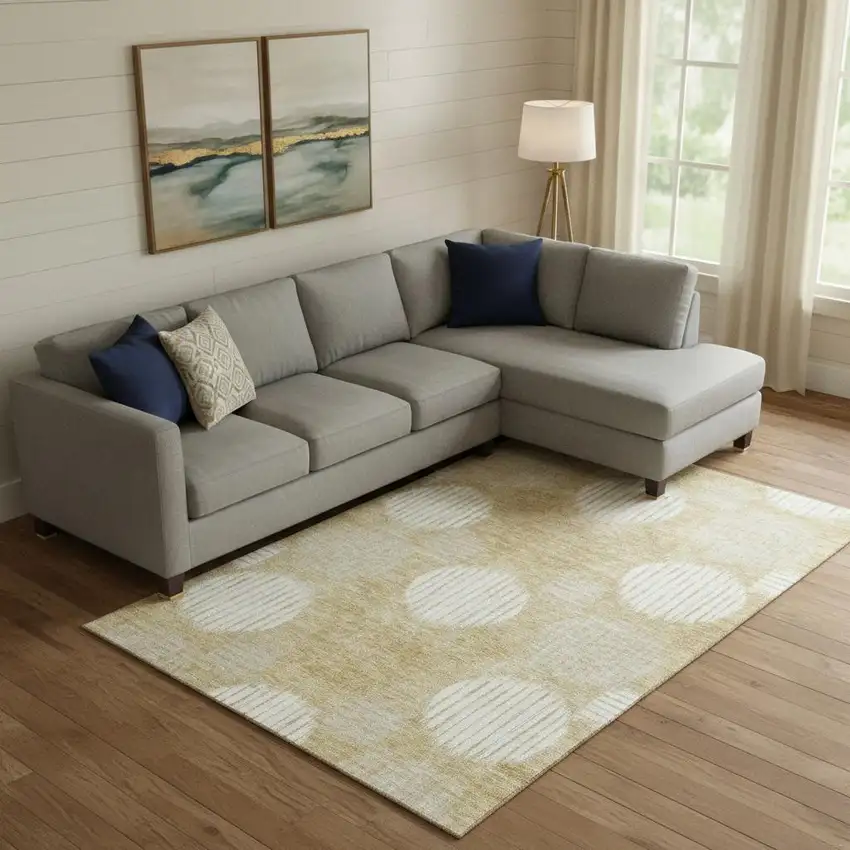 Gold And Ivory Geometric Washable Area Rug With UV Protection Photo 1