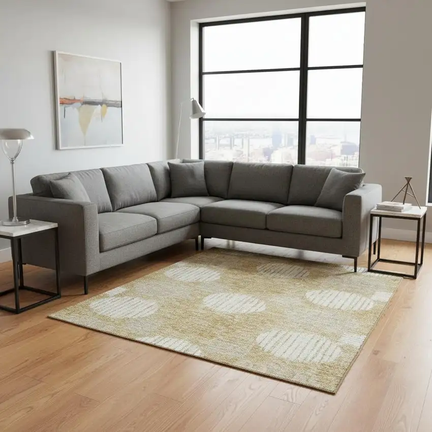 Gold And Ivory Geometric Washable Area Rug With UV Protection Photo 2