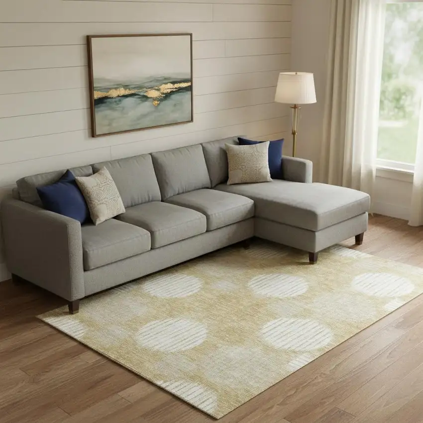 Gold And Ivory Geometric Washable Area Rug With UV Protection Photo 1