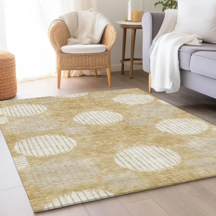 Gold And Ivory Geometric Washable Area Rug With UV Protection Photo 5