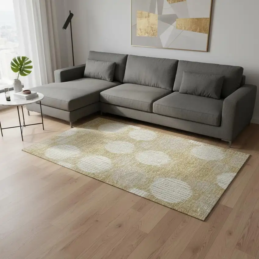 Gold And Ivory Geometric Washable Area Rug With UV Protection Photo 2