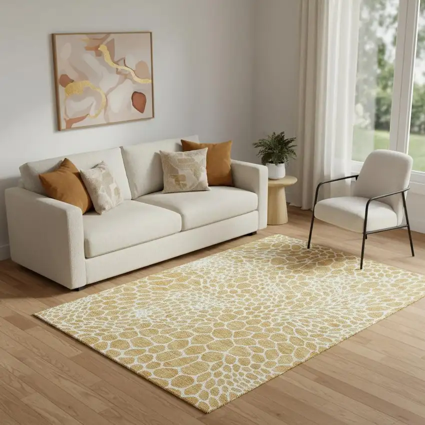 Gold And Ivory Geometric Washable Area Rug With UV Protection Photo 1