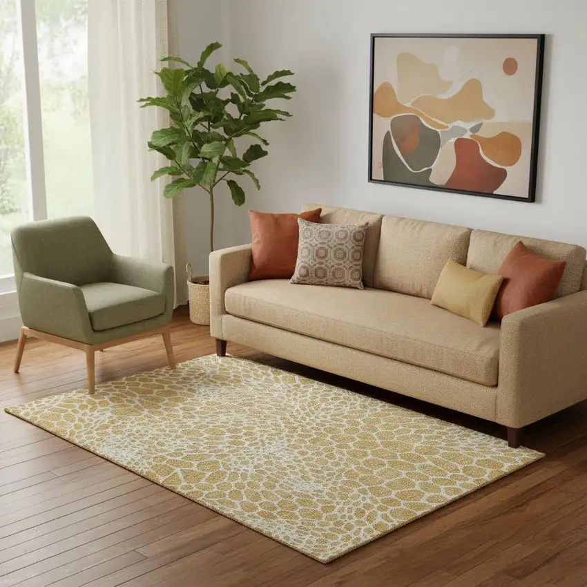 Gold And Ivory Geometric Washable Area Rug With UV Protection Photo 1