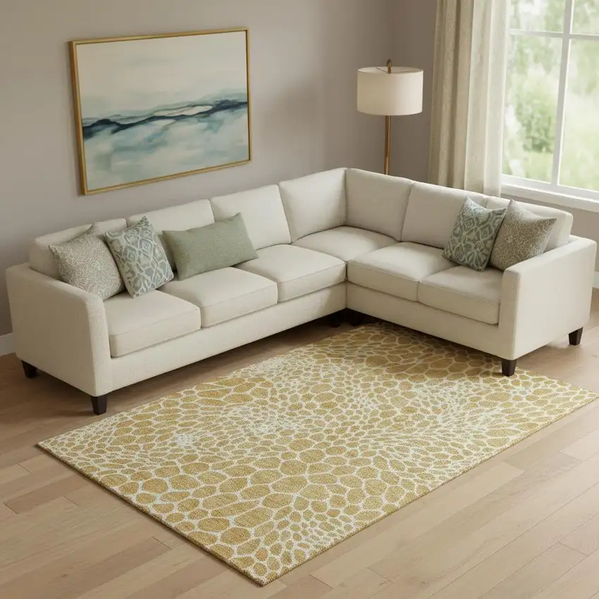 Gold And Ivory Geometric Washable Area Rug With UV Protection Photo 1
