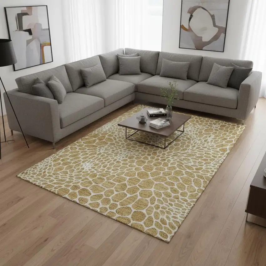 Gold And Ivory Geometric Washable Area Rug With UV Protection Photo 2