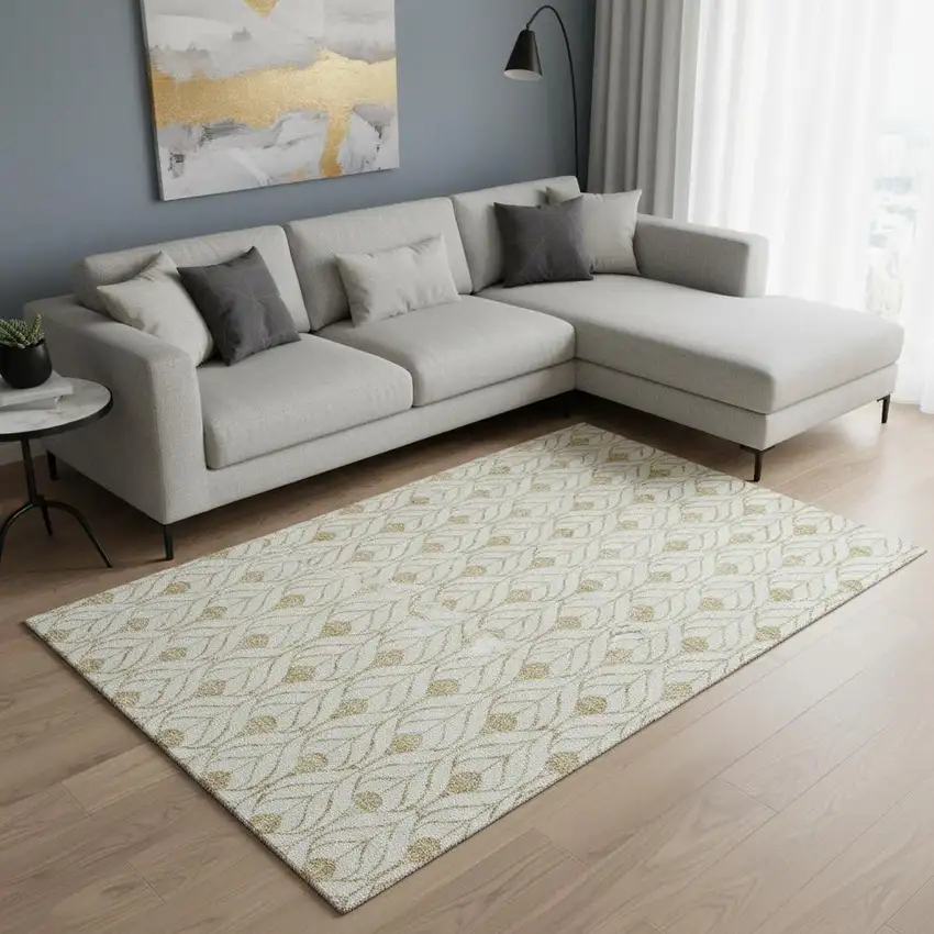 Gold And Ivory Geometric Washable Area Rug With UV Protection Photo 2