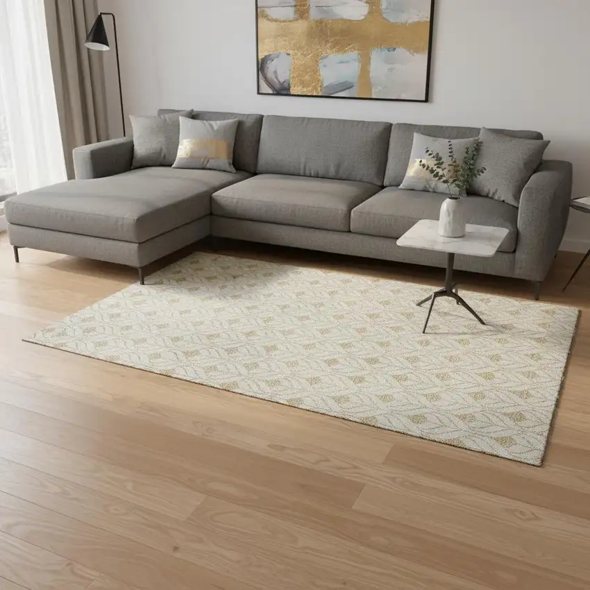 Gold And Ivory Geometric Washable Area Rug With UV Protection Photo 2