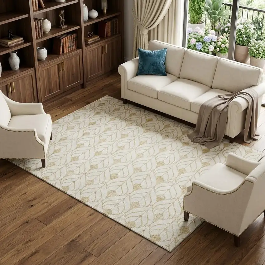 Gold And Ivory Geometric Washable Area Rug With UV Protection Photo 1