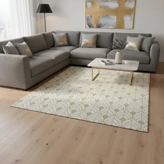 Gold And Ivory Geometric Washable Area Rug With UV Protection Photo 2