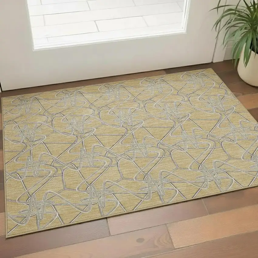 Gold And Ivory Geometric Washable Area Rug With UV Protection Photo 2