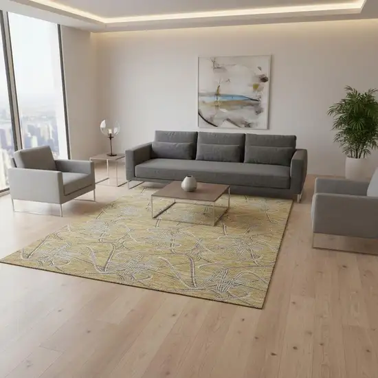 Gold And Ivory Geometric Washable Area Rug With UV Protection Photo 2