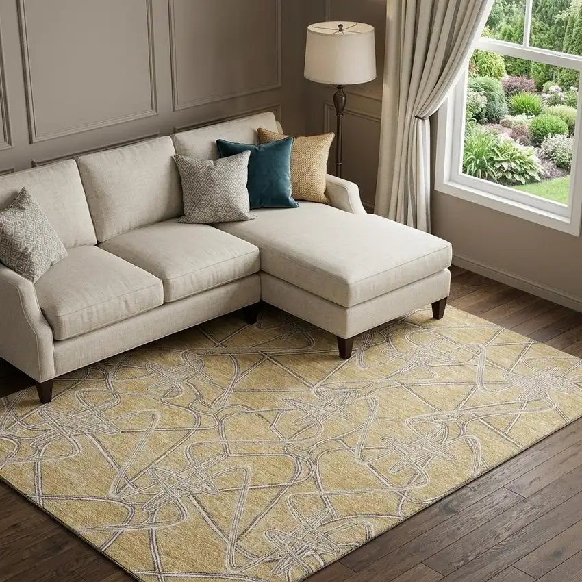 Gold And Ivory Geometric Washable Area Rug With UV Protection Photo 1