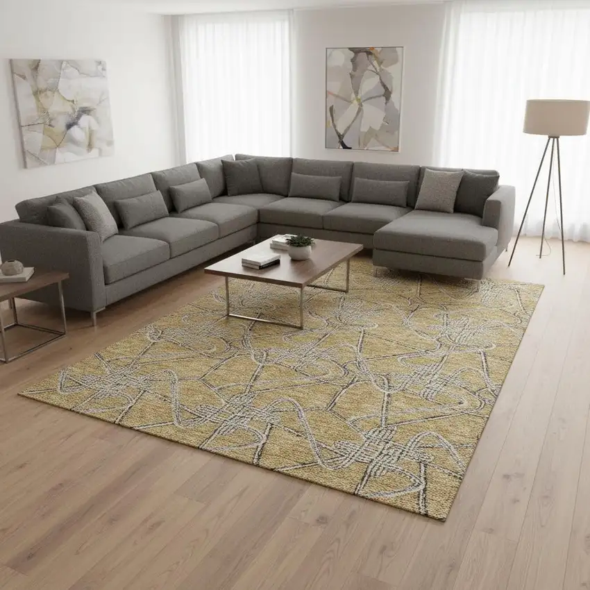 Gold And Ivory Geometric Washable Area Rug With UV Protection Photo 2