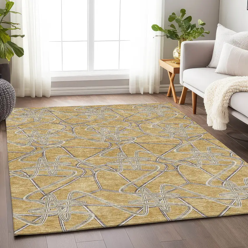Gold And Ivory Geometric Washable Area Rug With UV Protection Photo 4