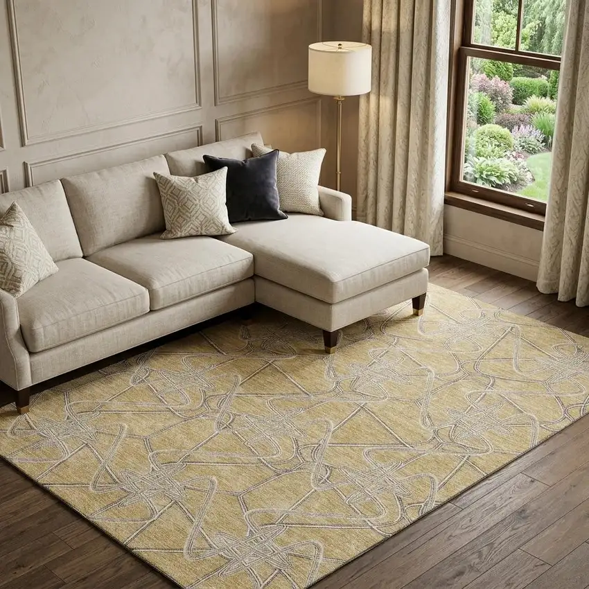 Gold And Ivory Geometric Washable Area Rug With UV Protection Photo 1