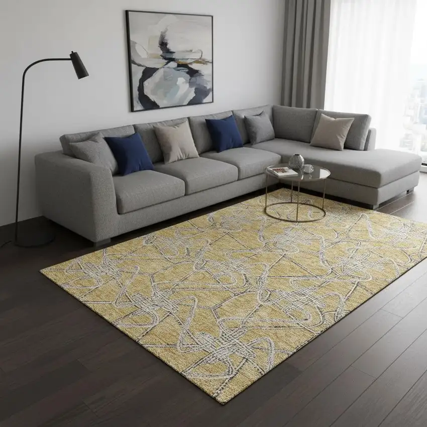 Gold And Ivory Geometric Washable Area Rug With UV Protection Photo 2