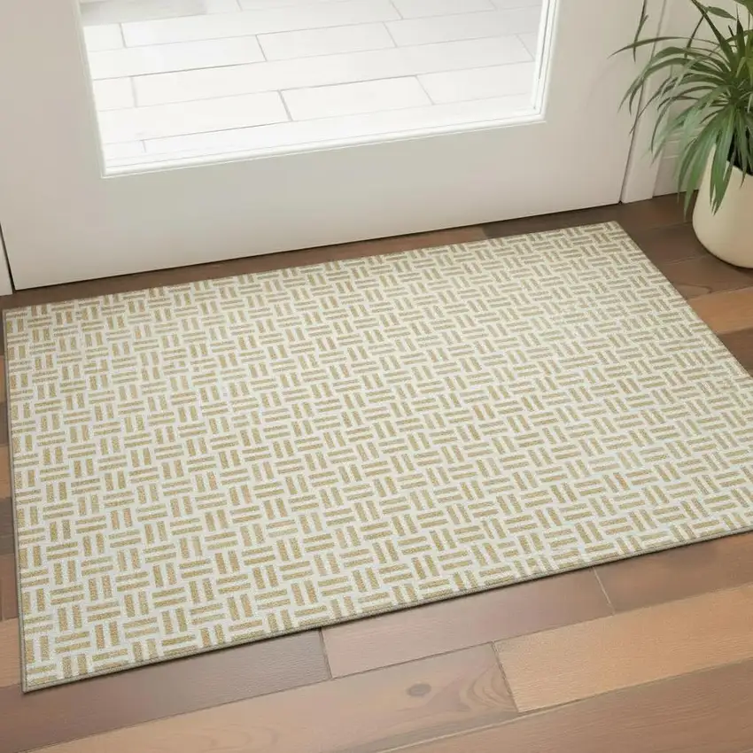 Gold And Ivory Geometric Washable Area Rug With UV Protection Photo 2