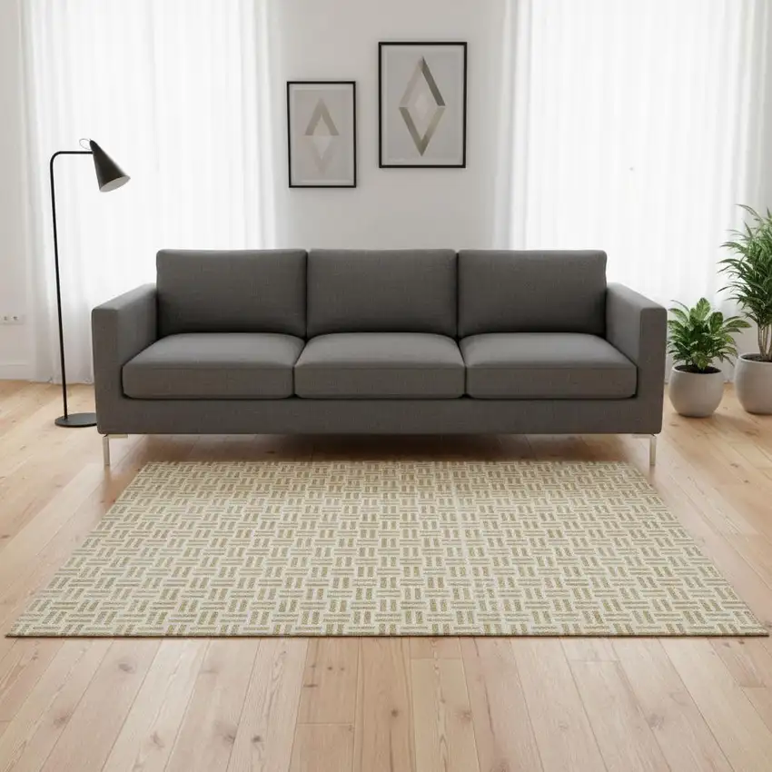 Gold And Ivory Geometric Washable Area Rug With UV Protection Photo 2