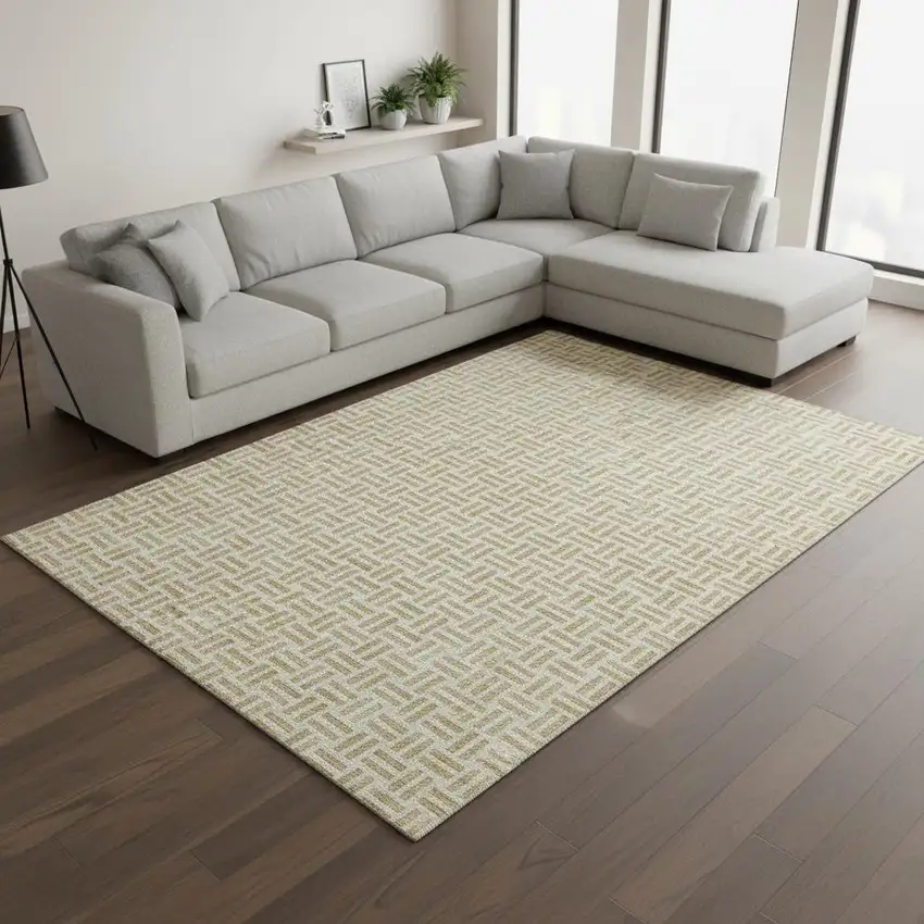 Gold And Ivory Geometric Washable Area Rug With UV Protection Photo 2
