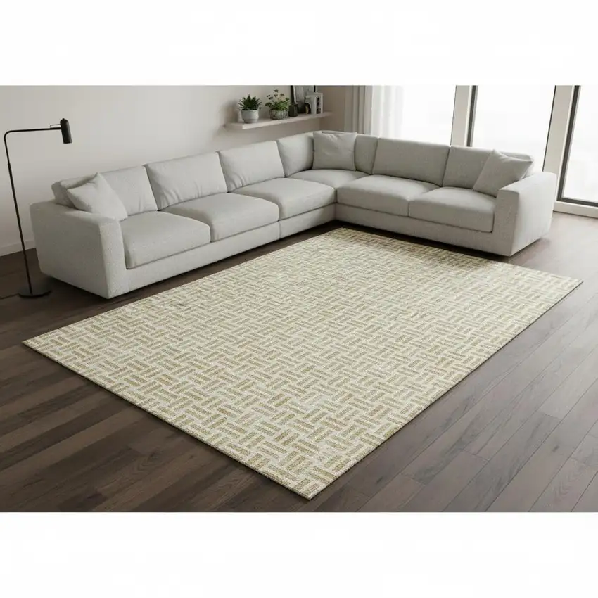 Gold And Ivory Geometric Washable Area Rug With UV Protection Photo 2