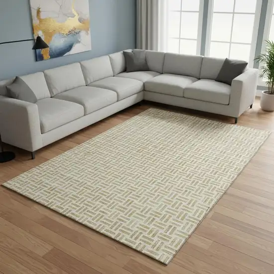 Gold And Ivory Geometric Washable Area Rug With UV Protection Photo 2