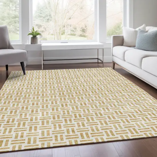 Gold And Ivory Geometric Washable Area Rug With UV Protection Photo 5