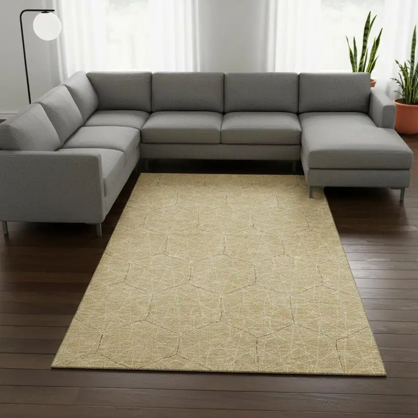 Gold And Ivory Geometric Washable Area Rug With UV Protection Photo 2