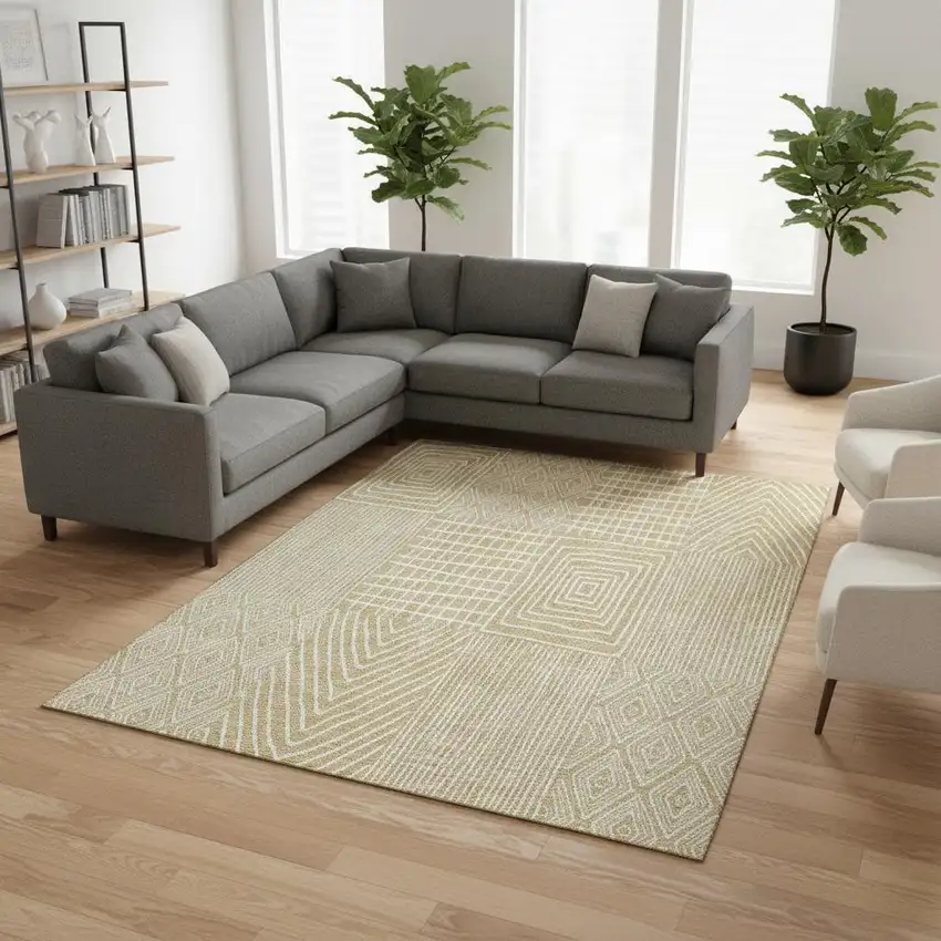 Gold And Ivory Geometric Washable Area Rug With UV Protection Photo 2