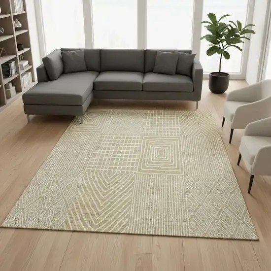 Gold And Ivory Geometric Washable Area Rug With UV Protection Photo 2