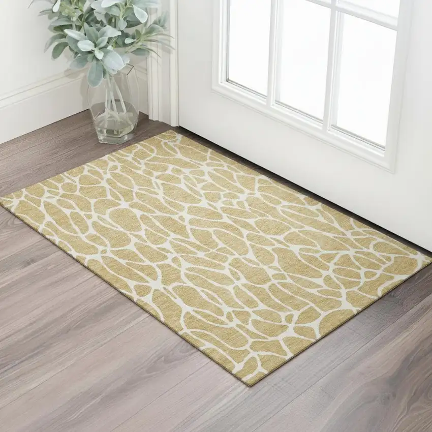 Gold And Ivory Geometric Washable Area Rug With UV Protection Photo 2