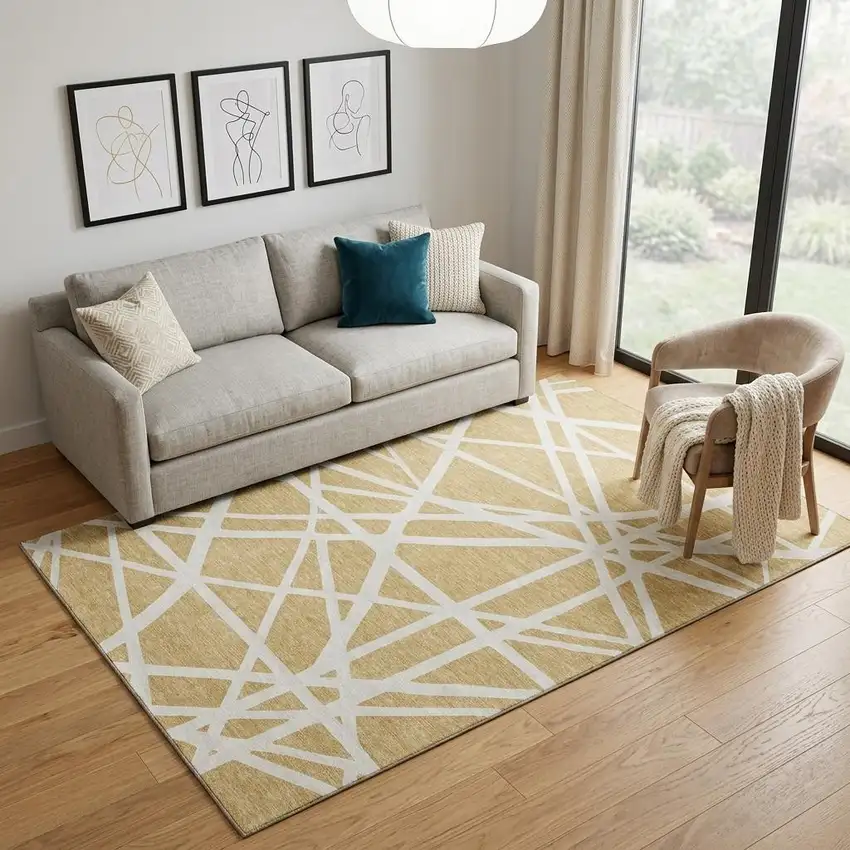Gold And Ivory Geometric Washable Area Rug With UV Protection Photo 1
