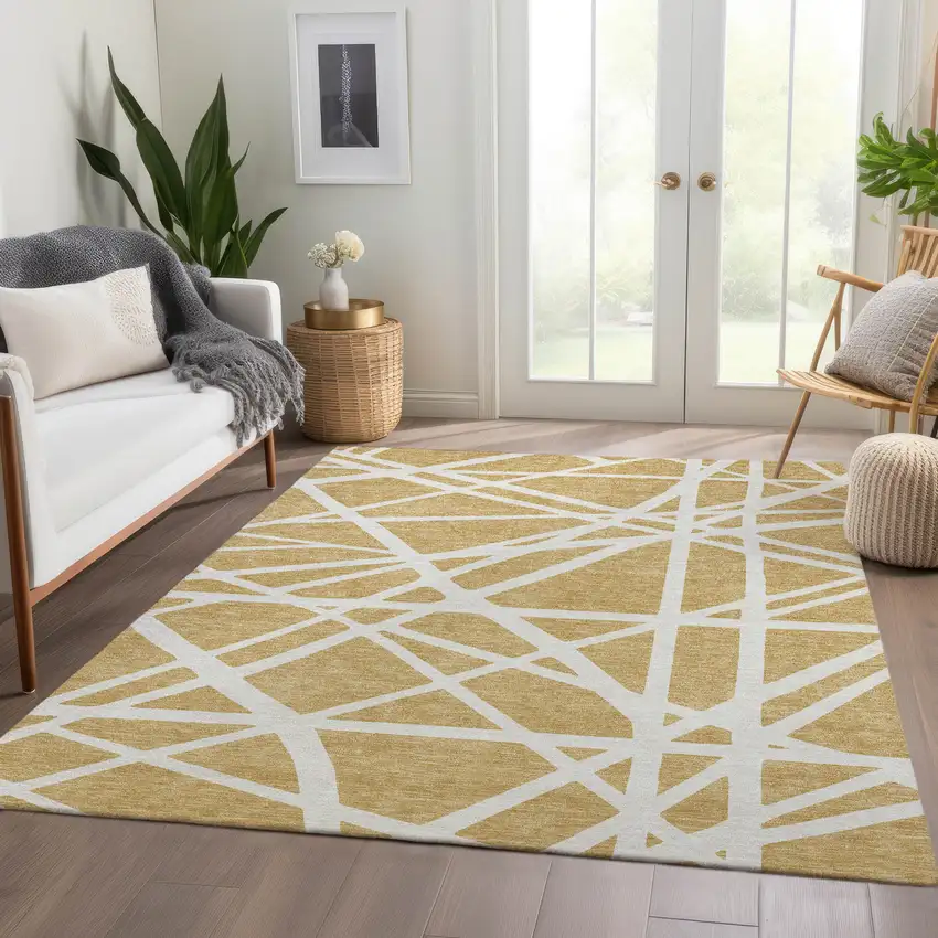 Gold And Ivory Geometric Washable Area Rug With UV Protection Photo 3