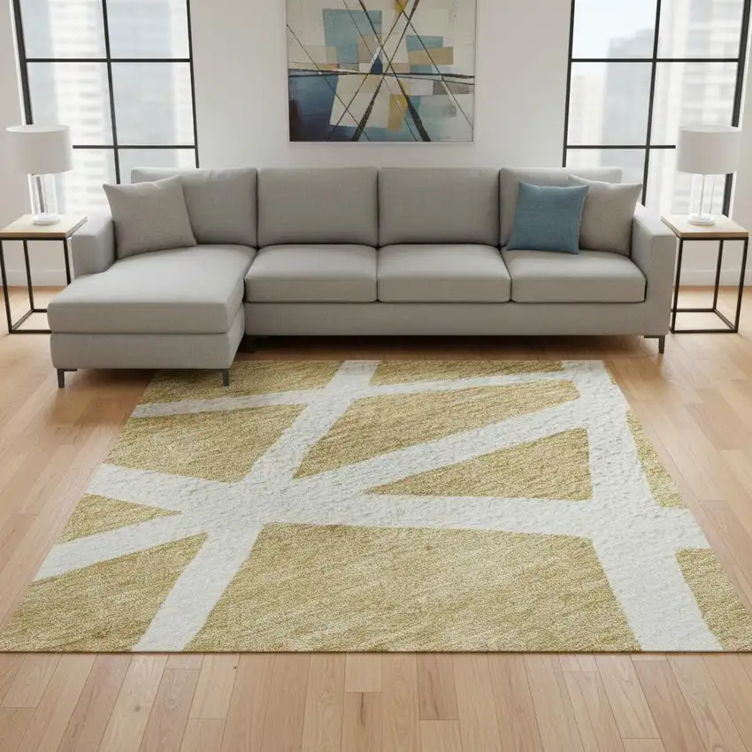 Gold And Ivory Geometric Washable Area Rug With UV Protection Photo 2